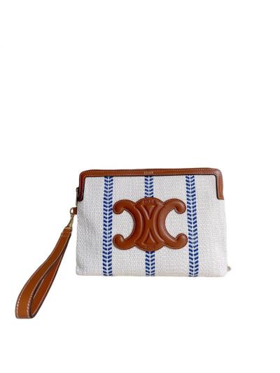 Celine Triomphe Small Tweed Pouch Bag White 