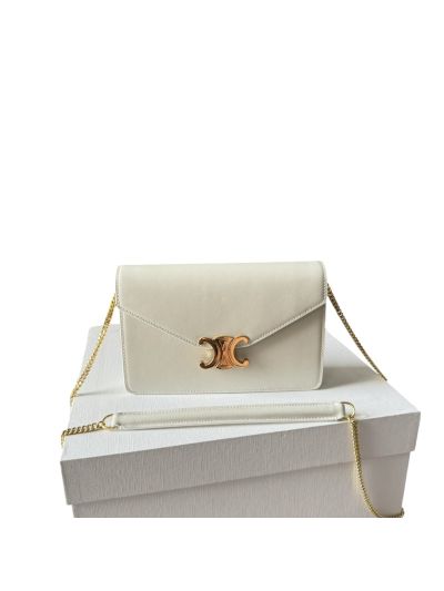 Celine Wallet on Chain Shoulder Crossbody Bag White Shiny Calfskin 10L033 