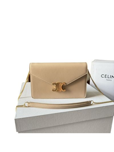 Celine Wallet on Chain Shoulder Crossbody Bag Beige Shiny Calfskin 10L033 