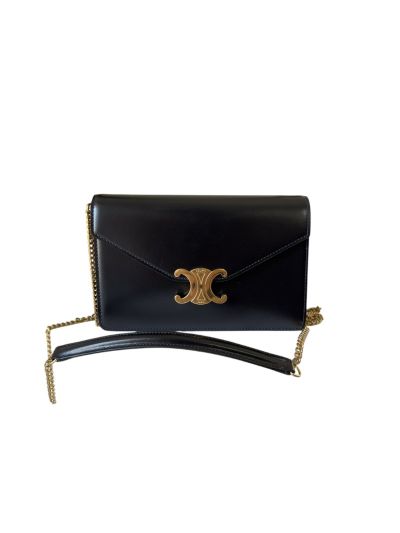 Celine Wallet on Chain Shoulder Crossbody Bag Black Shiny Calfskin 10L033 