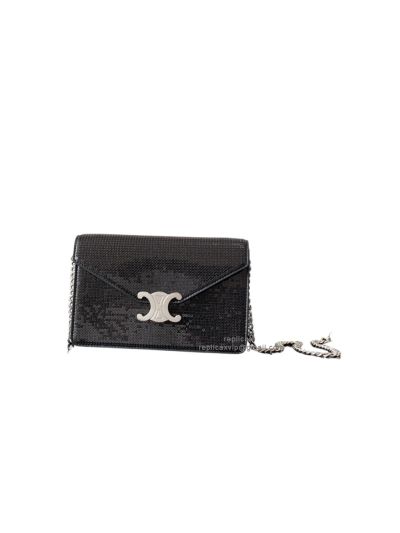 Celine Wallet on Chain Triomphe Shoulder Crossbody Bag Black Squins and Calfskin 10L033 