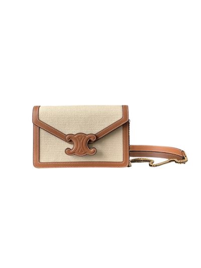 Celine Wallet on Chain Triomphe Shoulder Crossbody Bag Natural Tan Textile and Calfskin 10J972 