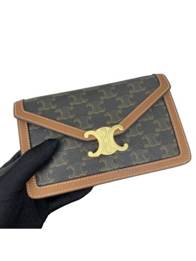 Celine Wallet on Strap Cuir Triomphe Canvas Shoulder Crossbody Bag Brown Calfskin Leather 10L043