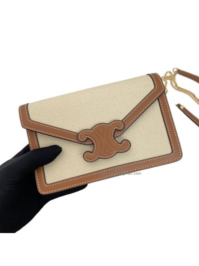 Celine Wallet on Strap Cuir Triomphe Canvas Shoulder Crossbody Bags Brown Calfskin Leather 10L043