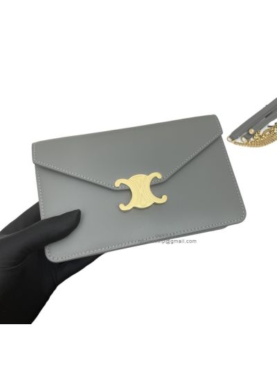 Celine Wallet on Strap Cuir Triomphe Shoulder Crossbody Bag Grey Shiny Calfskin Leather 10L043 