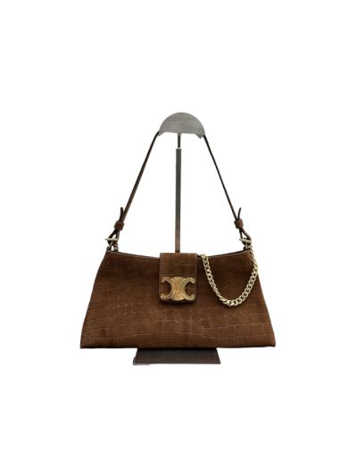 Celine wiltern clutch triomphe shoulder crossbody soft brown crocodile embossed suede calfskin 113673 