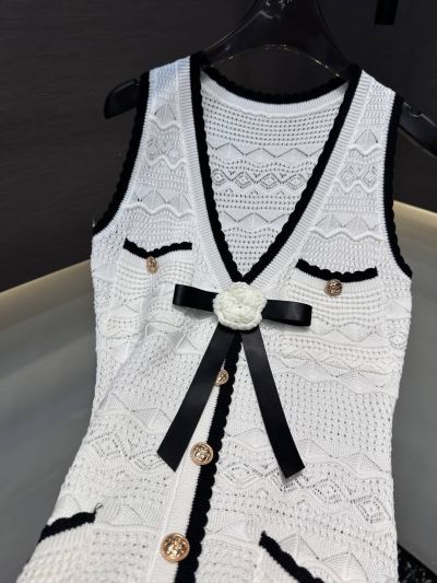 Chanel Button-Front Contrast-Trim Dress in White