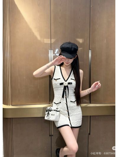 Chanel Button-Front Contrast-Trim Dress in White