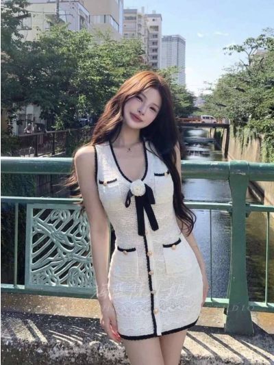 Chanel Button-Front Contrast-Trim Dress in White
