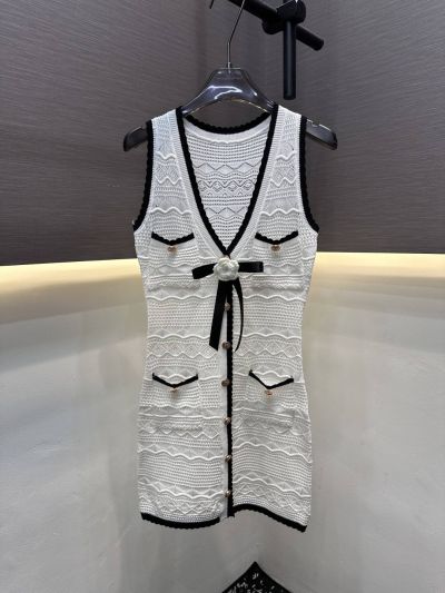 Chanel Button-Front Contrast-Trim Dress in White