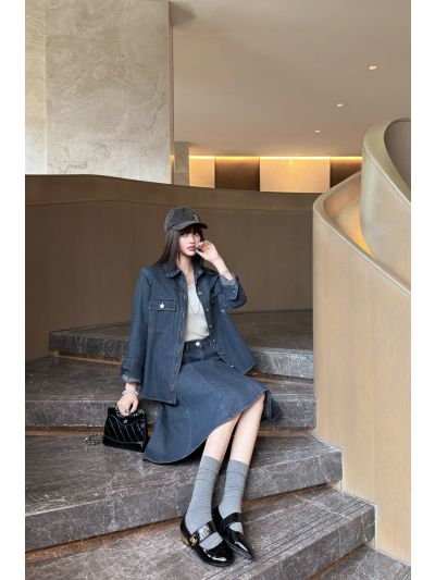 Chanel Button-Front Long Sleeve Dress in Navy