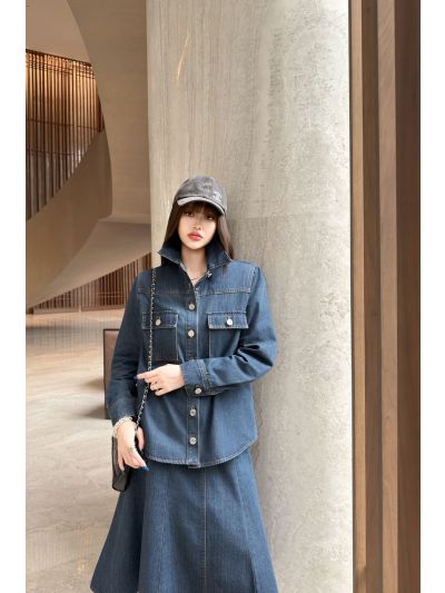 Chanel Button-Front Long Sleeve Dress in Navy