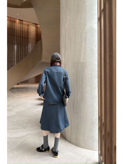 Chanel Button-Front Long Sleeve Dress in Navy