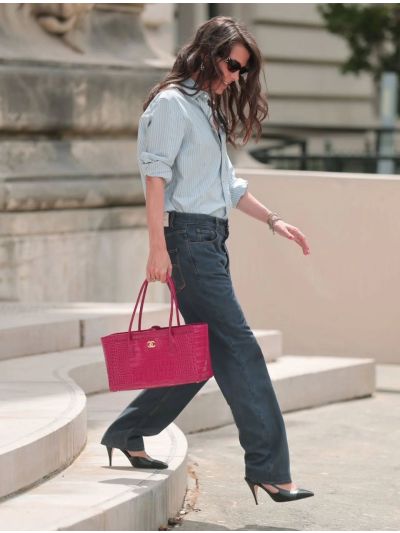 Chanel Button-Front Short Sleeve Shirt in Light Blue