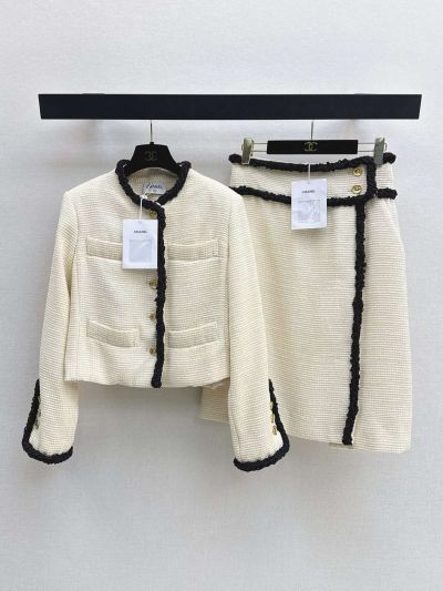 Chanel Contrast-Trim Button-Front Set in Cream and Black