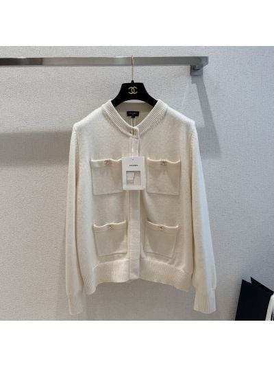 Chanel Crew Neck Cashmere Cardigan in White