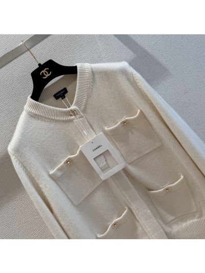 Chanel Crew Neck Cashmere Cardigan in White
