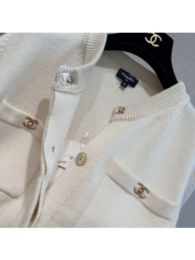 Chanel Crew Neck Cashmere Cardigan in White