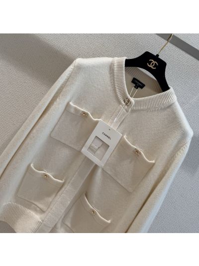 Chanel Crew Neck Cashmere Cardigan in White