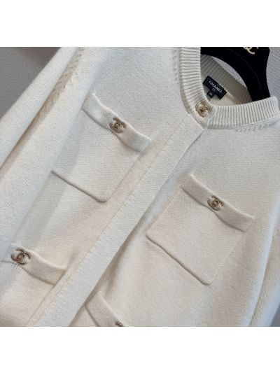Chanel Crew Neck Cashmere Cardigan in White