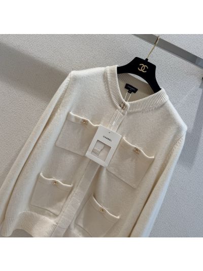 Chanel Crew Neck Cashmere Cardigan in White
