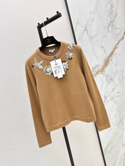 Chanel Crew Neck Embroidered Sweater in Camel