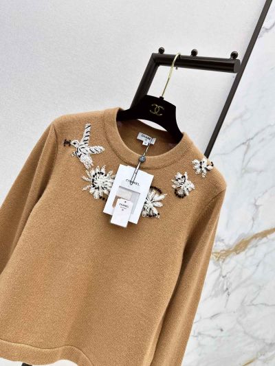 Chanel Crew Neck Embroidered Sweater in Camel