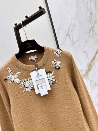Chanel Crew Neck Embroidered Sweater in Camel
