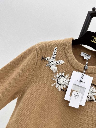 Chanel Crew Neck Embroidered Sweater in Camel