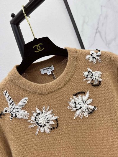 Chanel Crew Neck Embroidered Sweater in Camel