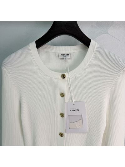 Chanel Crew Neck Long Sleeve Cardigan in White