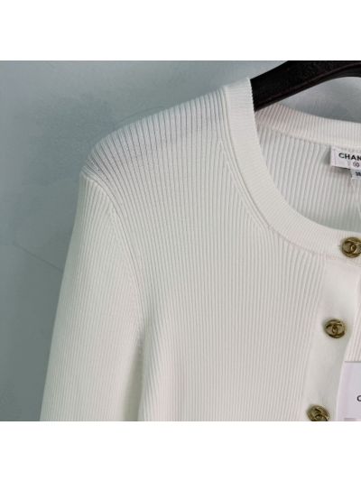 Chanel Crew Neck Long Sleeve Cardigan in White