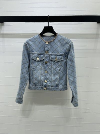 Chanel Crew Neck Plaid Jacket in Light Blue