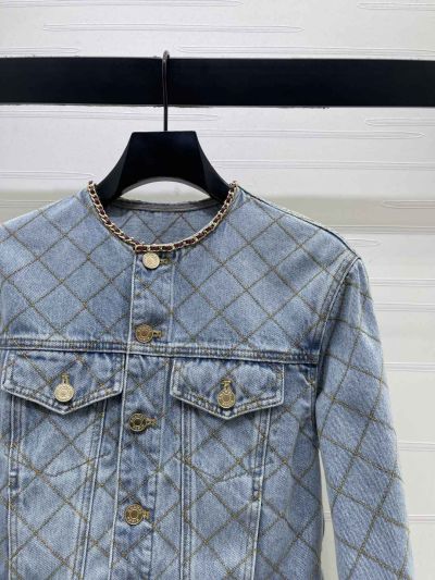 Chanel Crew Neck Plaid Jacket in Light Blue