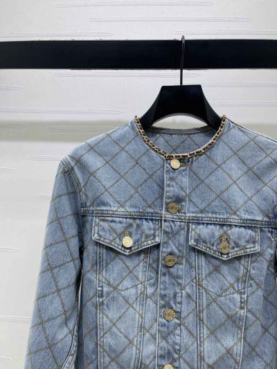 Chanel Crew Neck Plaid Jacket in Light Blue