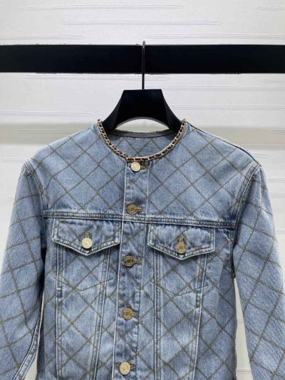Chanel Crew Neck Plaid Jacket in Light Blue
