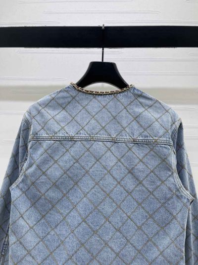Chanel Crew Neck Plaid Jacket in Light Blue