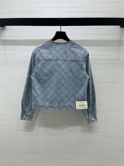 Chanel Crew Neck Plaid Jacket in Light Blue