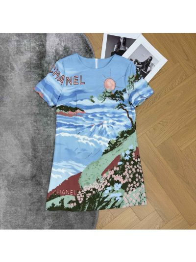 Chanel Crew Neck Short Sleeve Dress in Multicolor