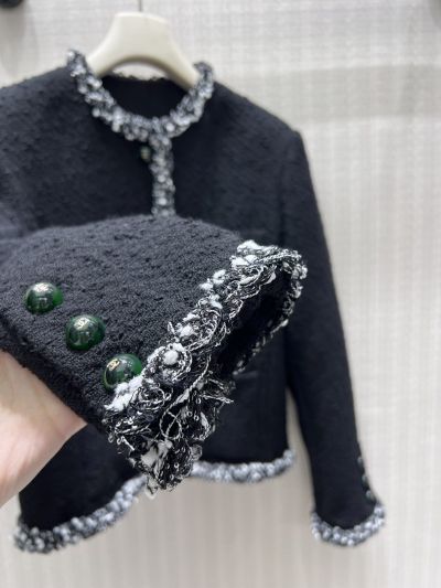 Chanel Crew Neck Tweed Coat in Black