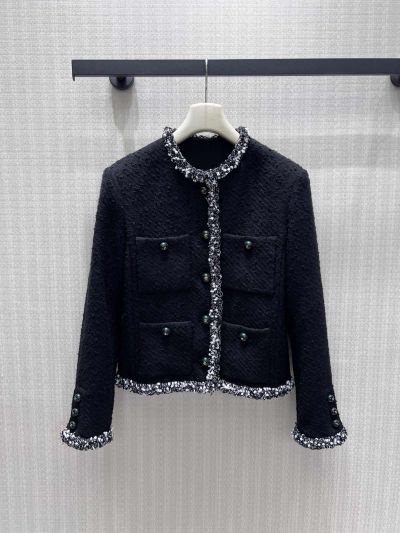 Chanel Crew Neck Tweed Coat in Black
