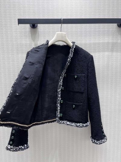 Chanel Crew Neck Tweed Coat in Black