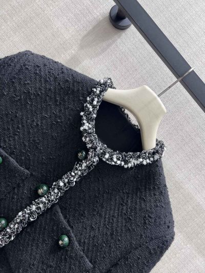 Chanel Crew Neck Tweed Coat in Black