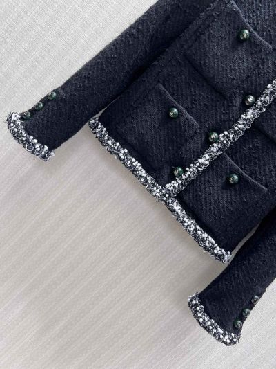 Chanel Crew Neck Tweed Coat in Black