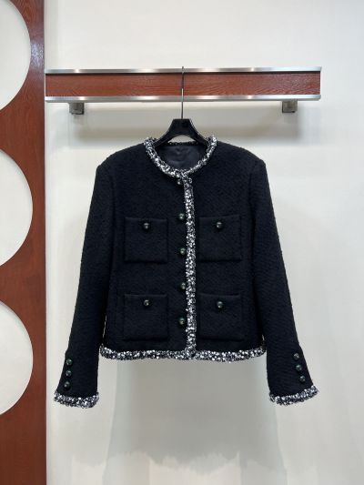 Chanel Crew Neck Wool Blend Coat in Black