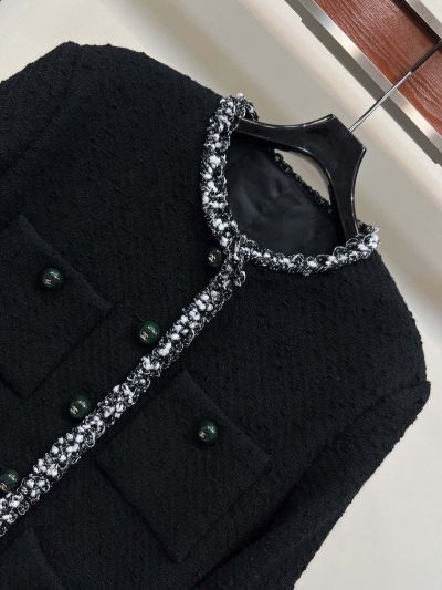 Chanel Crew Neck Wool Blend Coat in Black