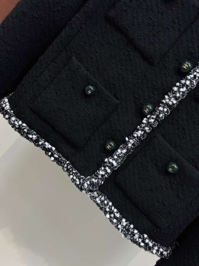 Chanel Crew Neck Wool Blend Coat in Black