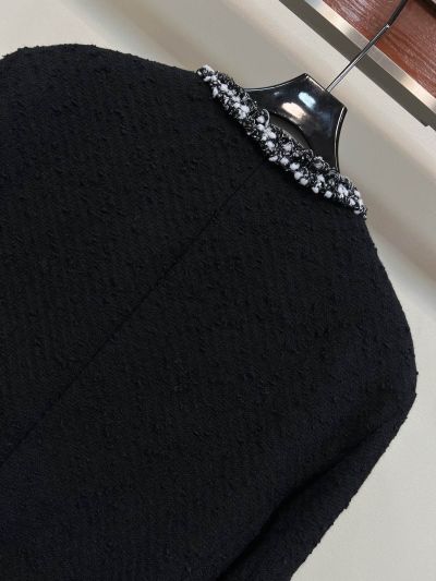 Chanel Crew Neck Wool Blend Coat in Black