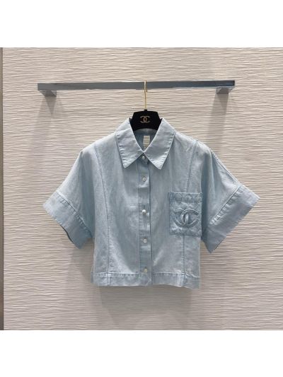 Chanel Denim Button-Front Top in Light Blue
