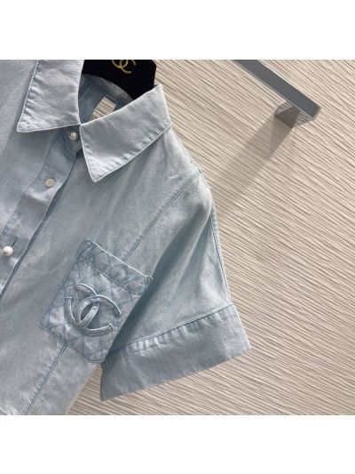 Chanel Denim Button-Front Top in Light Blue